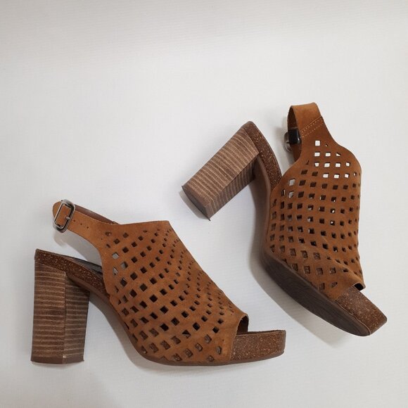 Mirabella Shoes - MIRABELLA Perforated Leather Platform Mules with Block Heel in Tan Suede Leather